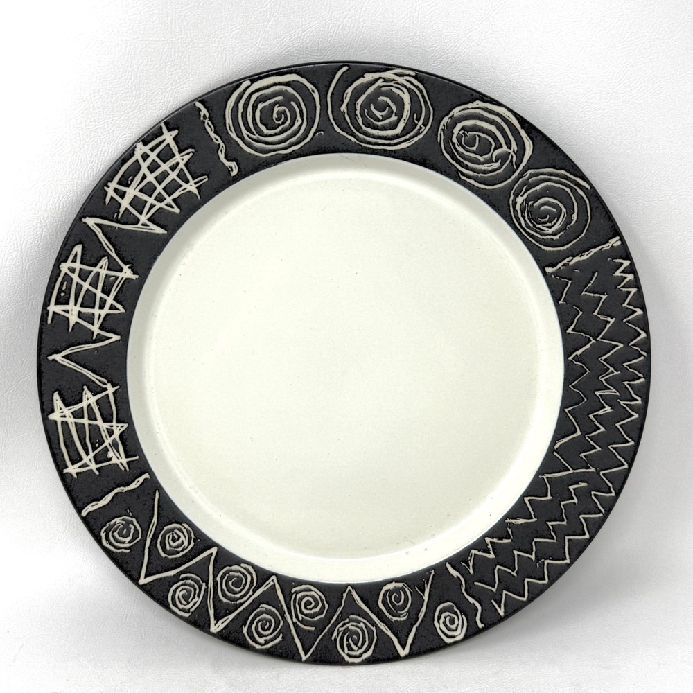 Habitat Scraffito Black White Geometric Dinner Plate 10 7/8"  EXC Cond Japan
